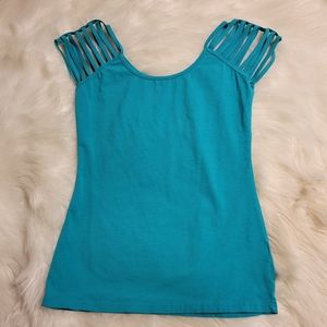 Women's teal PattyBoutik split sleeve shirt